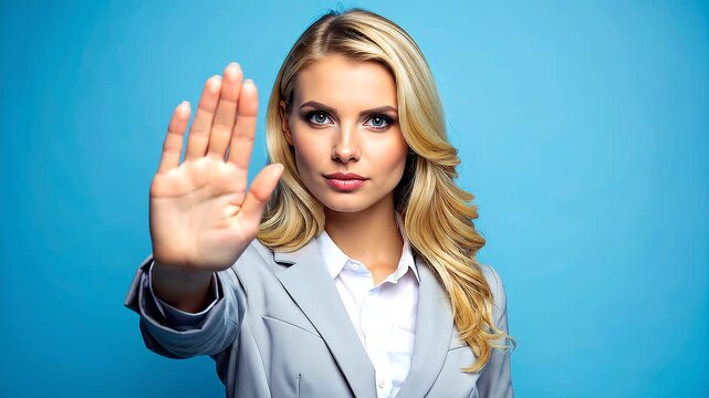 Confident business woman raising open palm gesture for stop sign against clean blue studio background