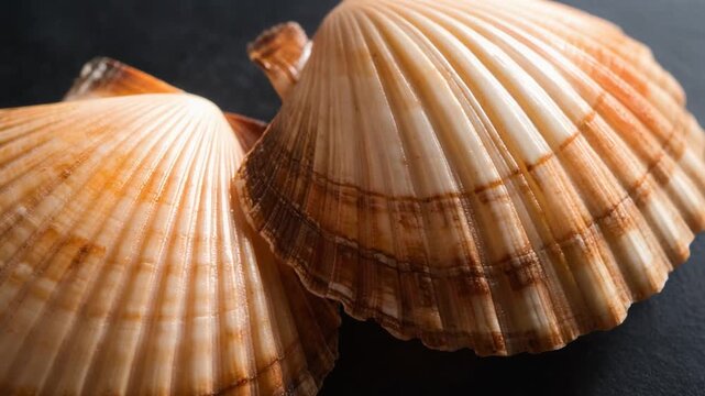 Natural scallop shells arranged closely showing detailed ridges and earthy colors in macro view