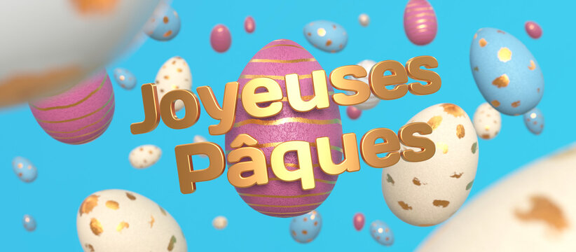 banni&egrave;re web avec le texte Joyeuses P&acirc;ques et des oeufs color&eacute;s, fond bleu - rendu 3D