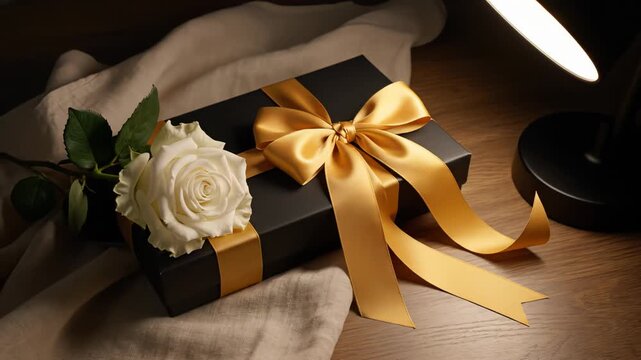 Elegant Black Gift Box Tied With A Luxurious Golden Satin Ribbon And A White Rose On A Textured Cloth Illuminated By Warm Spotlight