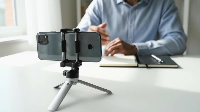 Individual engages in a video call, gesturing expressively while seated at a desk, smartphone on tripod capturing the interaction, camera pans slightly