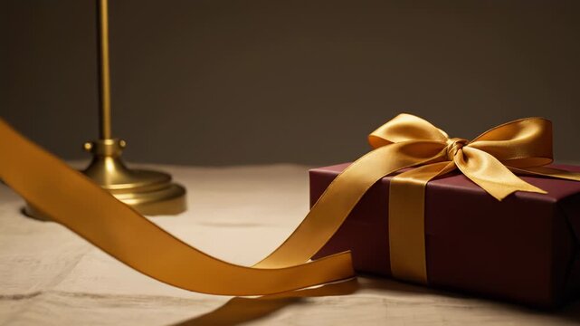Elegant Burgundy Gift Box Tied With a Luxurious Gold Ribbon Illuminated by Warm Lamp Light on a Textured Surface