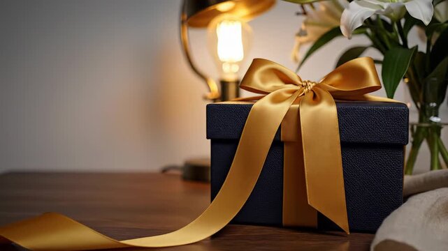 Elegant Dark Blue Gift Box Tied With a Lustrous Gold Ribbon on a Wooden Table With a Soft Light Lamp and White Lilies in a Vase Creating a Warm and Luxurious Atmosphere