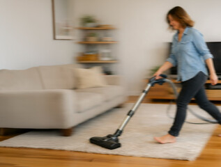 Fototapeta premium Woman vacuuming a carpet at full speed&nbsp;at home. Motion blurred image.
