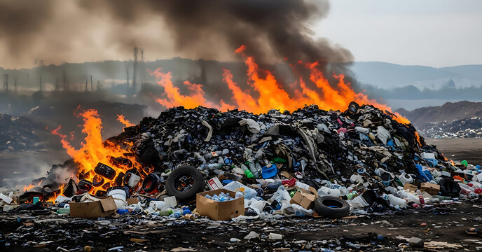  Massive pile of plastic waste burning in a landfill, environmental pollution concept