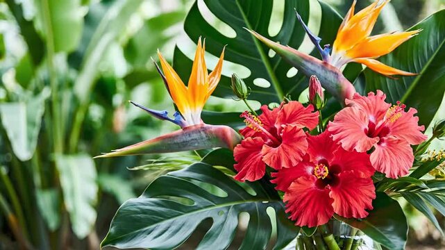 Vibrant tropical flower arrangement with Bird of Paradise and Hibiscus