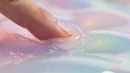 Fototapeta premium Macro shot of human finger touching iridescent holographic glitter gel or slime with bubbles