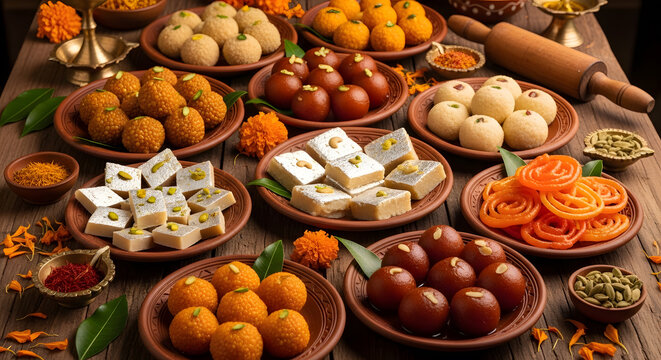 Traditional Indian Sweets Assortment Featuring Gulab Jamun, Laddu, Jalebi and Barfi Served on Rustic Clay Plates for Diwali, Wedding and Festival Celebrations with Authentic Indian Food Culture