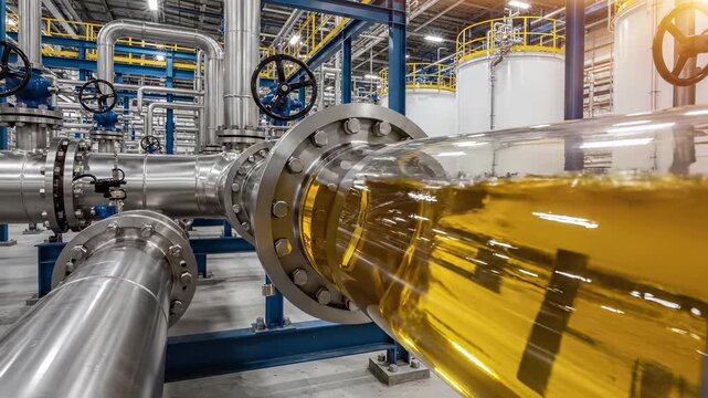 Industrial pipeline system with transparent section transporting liquid petroleum through refinery facility. Oil and gas processing plant infrastructure with valves, tanks and metal equipment