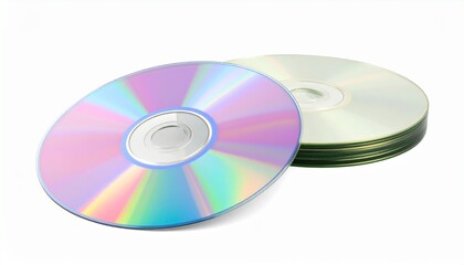 CDs/DVDs gestapelt &ndash; optische Datentr&auml;ger mit Regenbogeneffekt auf wei&szlig;em Hintergrund