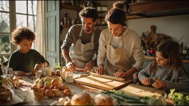 Multicultural family preparing Easter lunch at home, naturally lit kitchen, wooden table, fresh food, welcoming atmosphere, realistic editorial photography.