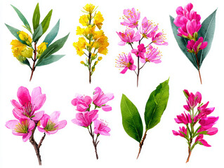 watercolor floral spring set on white background