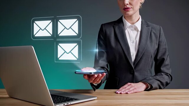 Businesswoman with smartphone and email icons interface. Digital marketing and business communication technology. Corporate messaging and online correspondence concept with laptop at office desk.