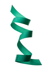 Green satin ribbon curl isolated on white background, festive decorative element