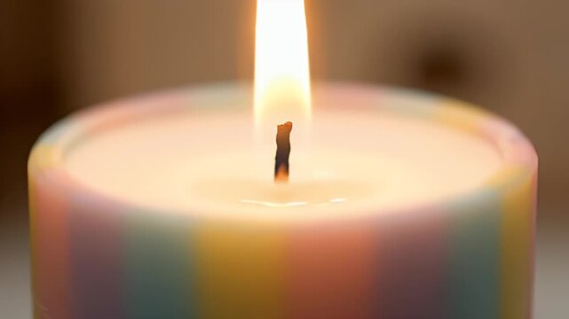 Extinguishing a Lit Candle with Pastel Stripes with a Snuffer against Warm Background Dim Lighting Focus on the Wick