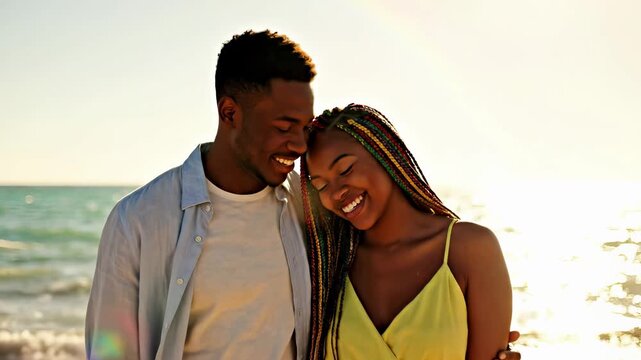 Happy couple embracing at beach during sunset. Romantic relationship and love by the ocean. Joyful togetherness and affection seaside vacation. Lifestyle and romance at golden hour.