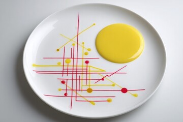 White plate with red and yellow sauce artistic decoration on white background