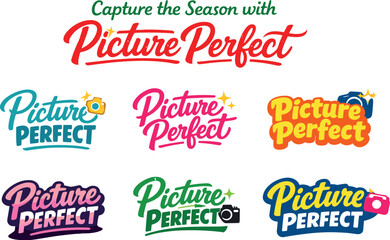 Seasonal holiday banner with promotional slogan presenting modern lettering logo set for Picture Perfect, photography-focused