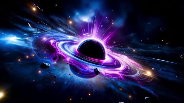 A black hole in the middle of a space filled with stars and planets