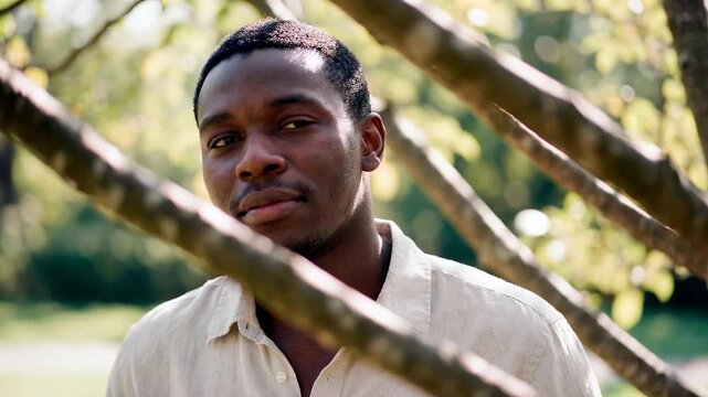 Thoughtful young Black man wearing linen shirt looking away through tree branches in sunny park for authentic wellness and organic nature connection editorial concept