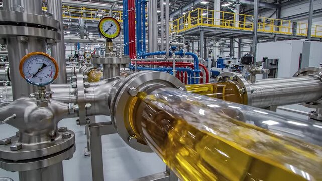 Industrial pipeline system with transparent section and pressure gauges in manufacturing facility. Petrochemical processing plant equipment with liquid flow monitoring infrastructure and metal valves