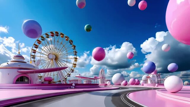 A pink and white theme park with a ferris wheel in the background
