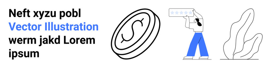 Obraz premium Cryptocurrency, blockchain, finance, technology, minimalism, digital economy. A coin symbol, person with a card and abstract plant outline. Cryptocurrency and blockchain