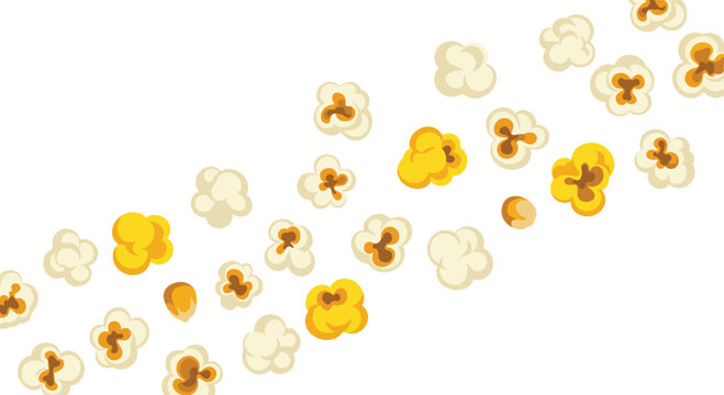 Numerous individual popped popcorn kernels, some white and some buttery yellow, are scattered on a white background.