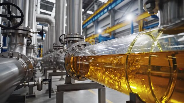 Transparent pipeline with flowing liquid inside industrial facility. Stainless steel pipes, valves and flanges at a modern refinery or chemical plant. Oil and energy production infrastructure concept.