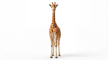 A giraffe stands alone on a white background, looking directly at the camera with curiosity. © UMAIR