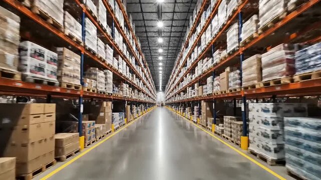 A spacious warehouse filled with tall shelves stocked with boxes and industrial equipment