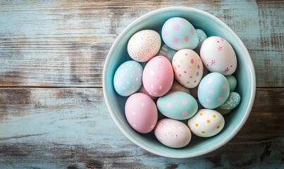 A beautiful assortment of pastel Easter eggs in a light blue bowl on a wooden table