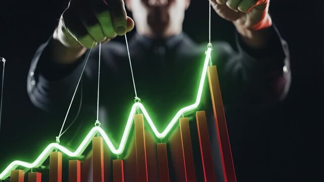 Person pulls strings attached to glowing green financial chart representing market growth. Dark background enhances focus on data representation. Concept of finance, analytics, data visualization