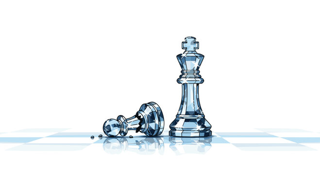 Crystal glass king chess piece standing next to a defeated and fallen pawn on a reflective chessboard surface.