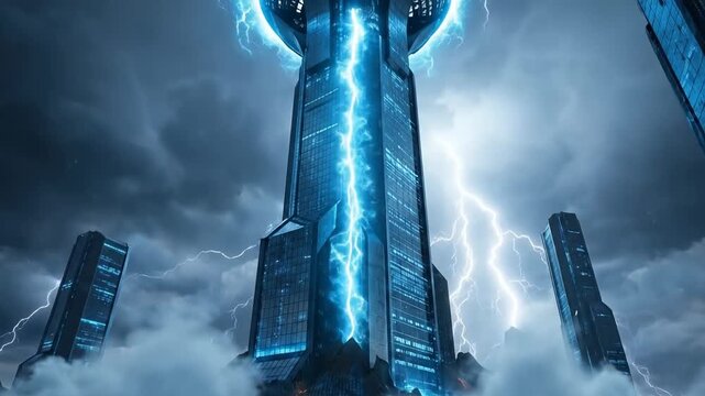 Lightning flashes over towering structures in futuristic city. Dark clouds overlay urban landscape, showcasing modern architecture. Concept of technology, innovation, urban planning
