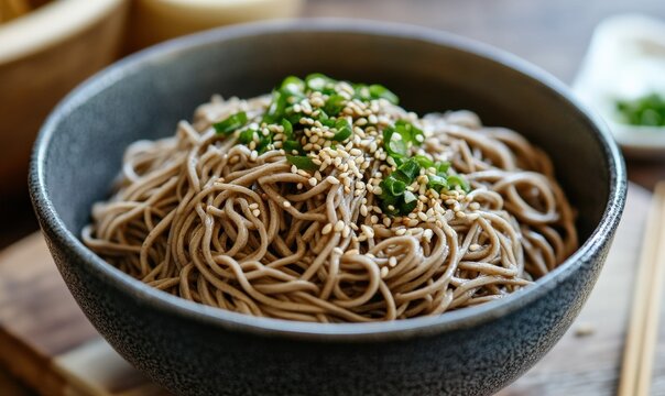 Delicious soba noodles with sesame seeds and green onions in a dark bowl