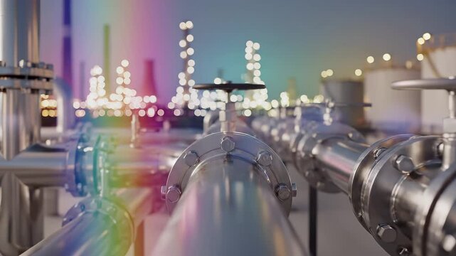 Stainless steel industrial pipelines with flanges and valves at a petrochemical refinery facility. Bokeh lights of plant infrastructure in background. Oil, gas and energy production concept.