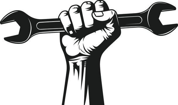 Raised fist gripping wrench silhouette, symbol of labor strength, mechanical work, solidarity, empowerment, resistance, bold vector illustration design