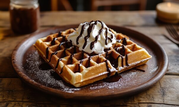 Rustic wooden table with a plate of golden waffles drizzled with chocolate sauce and topped with whipped cream, styled for a decadent breakfast visual.