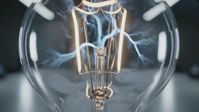 Extreme closeupaburning incandescent light bulb filament with smoke and electrical discharge inside the glass globe. Energy, electricity failure and innovation concept.
