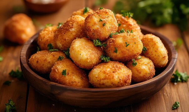 Rustic wooden table with crispy golden croquettes garnished with parsley, illuminated by soft natural light, rich textures and warm tones, perfect for culinary branding