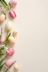 A vertical soft beige background hosts pink tulips white tulips gypsophila and speckled eggs...