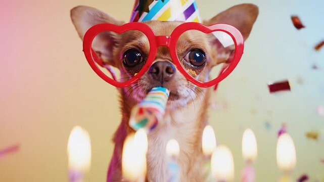 Chihuahua wearing festive party hat and heart-shaped glasses celebrates with cake and candles, surrounded by colorful confetti and joyful atmosphere