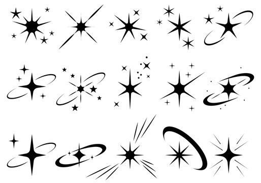 Y2k star sparkle bling abstract tattoo shapes. Simple minimal geometric signs in retro 2000s style. Different forms of stars, constellations, galaxies