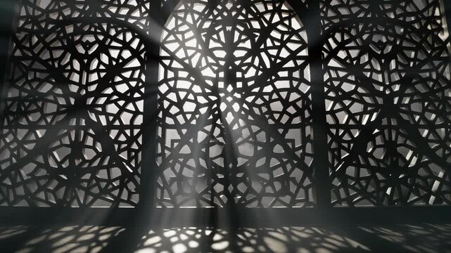 Dark cinematic interior with volumetric light beams streaming through intricate Islamic geometric mashrabiya window casting complex shadows on floor