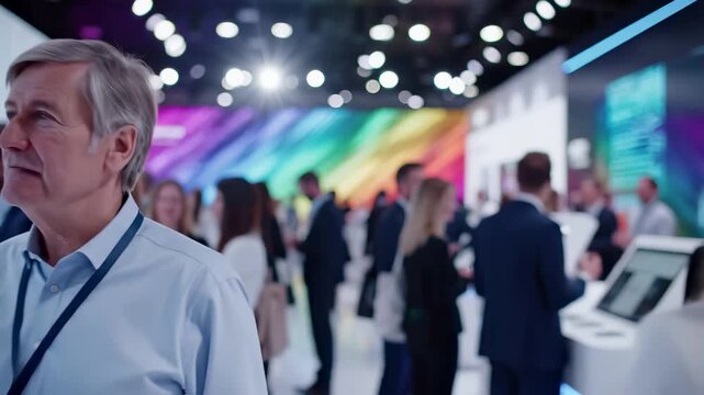 Senior business professional with lanyard badge at a technology exhibition or trade show. Colorful illuminated display wall and networking crowd in background. Corporate event and innovation concept.