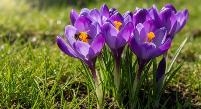 Bumblebee pollinating purple crocus flower in a field of green grass with sunlight. Spring concept for nature, garden, and insect conservation.