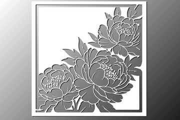 Floral laser cut square frame design with peony and leaf motif. Decorative panel element for wedding card, stencil, paper cutting art, vector illustration © JuliGross