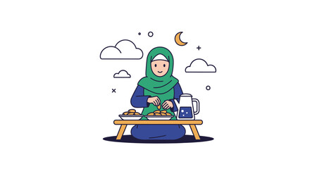 Fototapeta premium Peaceful Woman Meditating at Night with Moon and Clouds Illustration