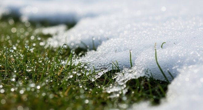 Green grass with melting snow and water drops. Spring thaw concept, transition from winter to spring. Fresh natural background for season change.